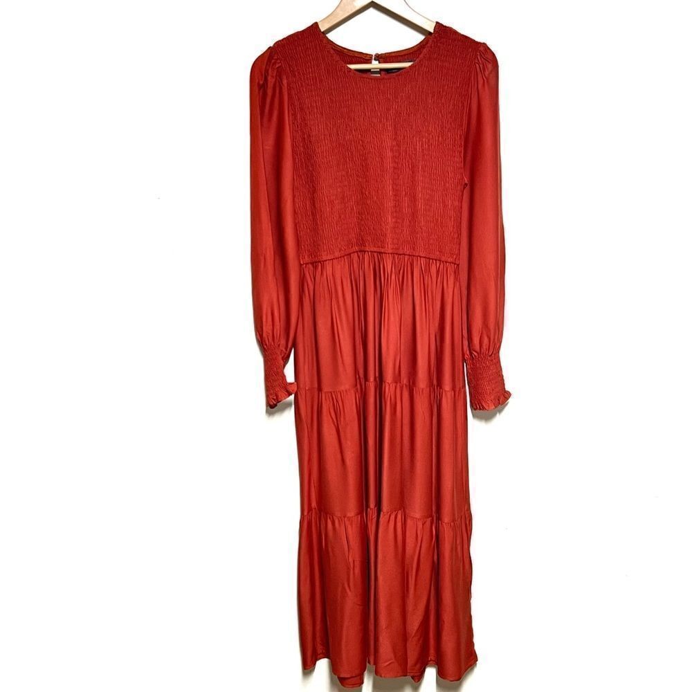 NWT Zesica Pecan Rust Long Sleeve Smocked Tiered Ruffle Peasant Dress Sz M (L)